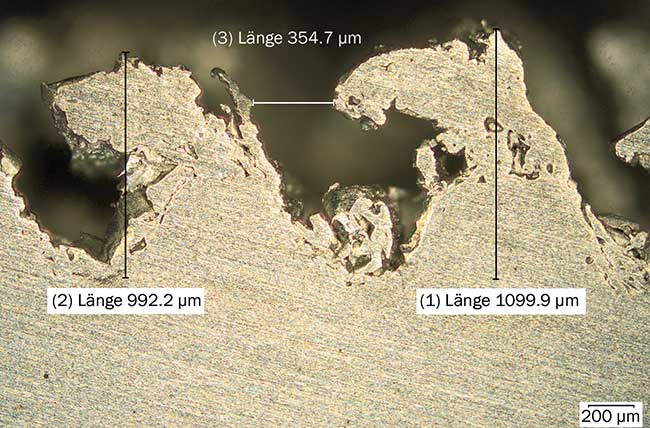 A cross section of an aluminum part, with dimensions indicated, after it is structured with the laser. 