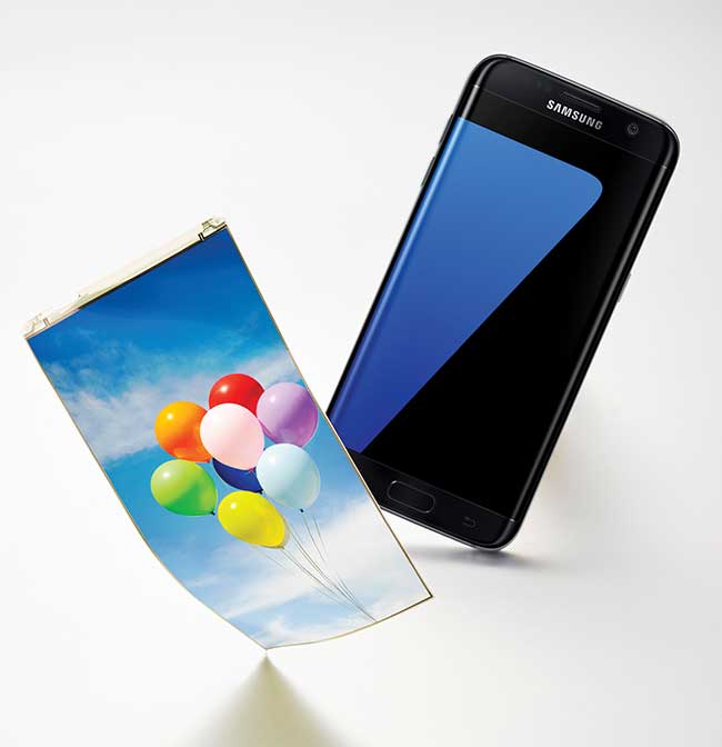 A flexible AMOLED along with a Galaxy S7, which incorporates a flexible display for its “edge-type display.”