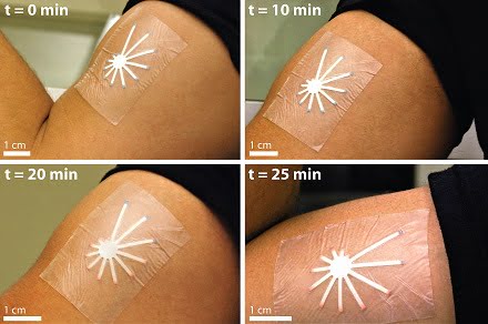 Purdue University researchers show off a newly developed skin patch that changes color to indicate different levels of hydration.