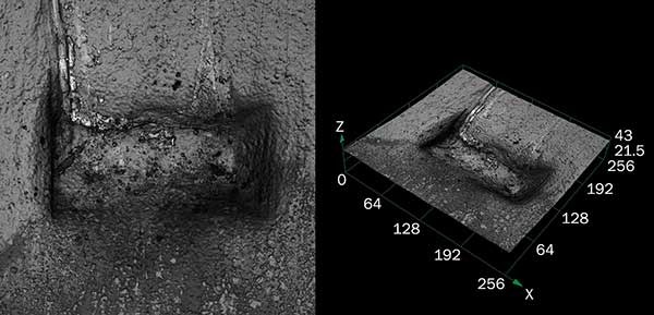 2D image (left) and 3D image (right) of printed circuit board connector created using a laser confocal microscope. 