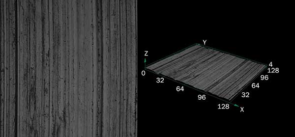 2D image (left) and 3D image (right) of polished metal surface created using a laser confocal microscope. 