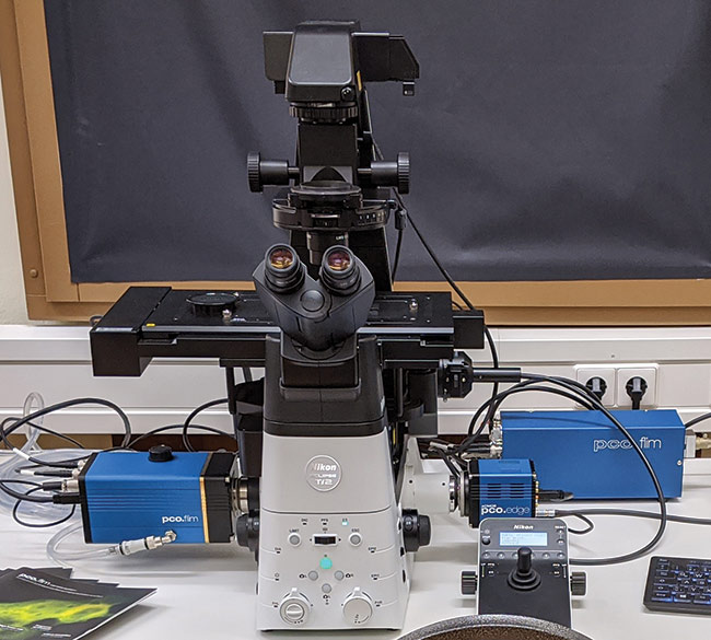 Basic microscope setup for FLIM with the new camera system, pco.flim. From left to right: the pco.flim camera system (PCO AG), an inverse Nikon fluorescence microscope (Nikon) and the pco.flim laser (PCO AG).