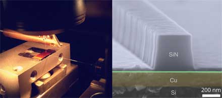 Nanoscale copper plasmonic waveguides on a silicon chip in a scanning near-field optical microscope (left) and their image obtained using electron microscopy (right).