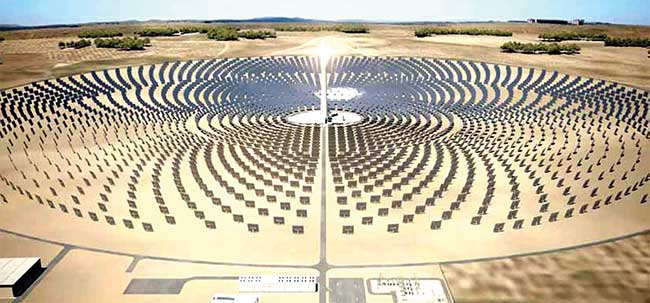 The Gemasolar heliostat array and thermal tower is located in Seville, Spain. 