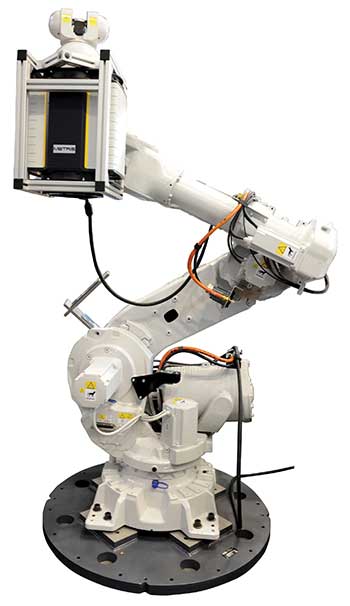 Nikon Metrology Inc.’s laser radar unit, mounted on a multiaxis robot. 