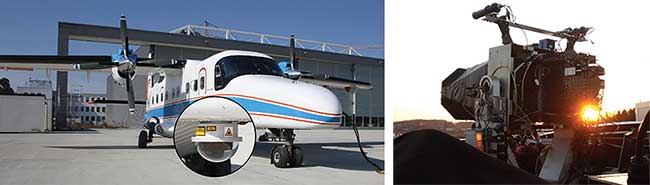 The plane with QKD hardware in an optical communication terminal (inset) that created the first QKD link with a ground station (right).