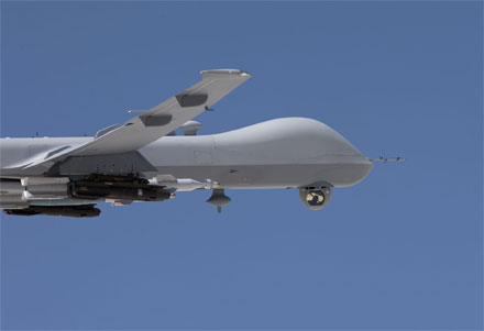 The U.S. Air Force has awarded Raytheon a first-lot production contract for the AN/DAS-4 EO/IR Turret, shown here deployed on the MQ-9 Reaper. 
