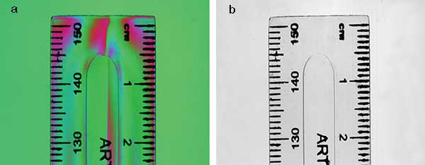 Color-coded polarization image (a) compared with a conventional, unfiltered image (b) of a plastic ruler captured by Piranha polarization camera.