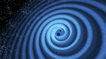 This illustration shows the merger of two black holes and the gravitational waves that ripple outward as the black holes spiral toward each other.