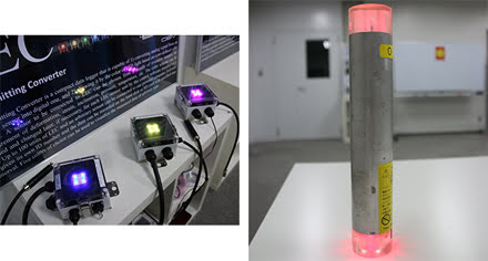 Two LED devices are attached to walls, and change color to warn of danger, measuring small irregularities in structures.