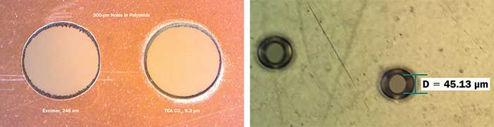A comparison of excimer and TEA CO2 processing of polyimide with 300-µm diameter holes (a) and approximately 50-µm holes (b).