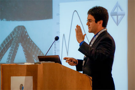 California Institute of Technology researcher Lucas Meza delivers a talk at Nanoscribe’s first U.S. user meeting. 