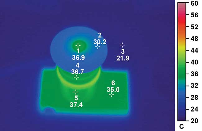 Coverslip resting on a 37 °C objective indicating the thermal ‘footprint’ and thermal influence of the temperature of the objective on the specimen. 