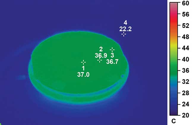 Thermographic image of the bottom of a Focht Chamber System 2 indicating the uniformity of temperature distribution.