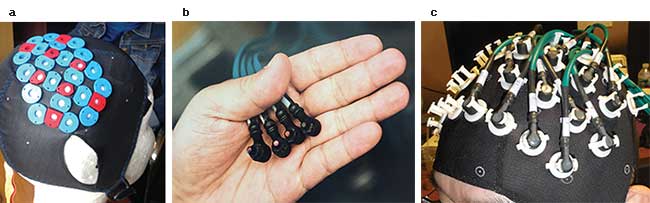 (a) Dense array cap. (b) Low-profile, lightweight optical fibers. (c) Head cap with fibers.