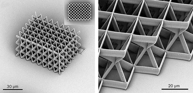 Scanning electron microscope (SEM) images of microstructured materials fabricated by two-photon polymerization (TPP).