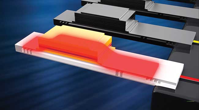 his illustration shows a laser source by heterogeneous integration of III-V gain medium on a photonic integrated circuit. 