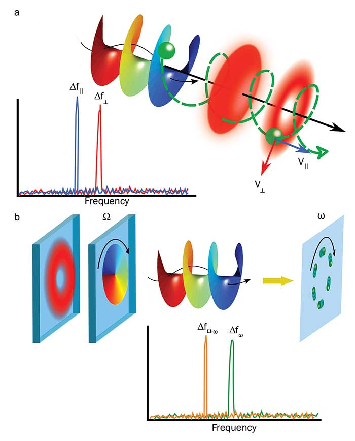 A particle moving in a 3D helical motion can be interrogated simultaneously with a vortex and a Gaussian beam