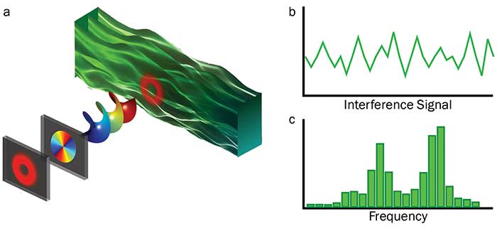 Schematic representation of a vortex beam illuminating a fluid to obtain information of its vorticity 