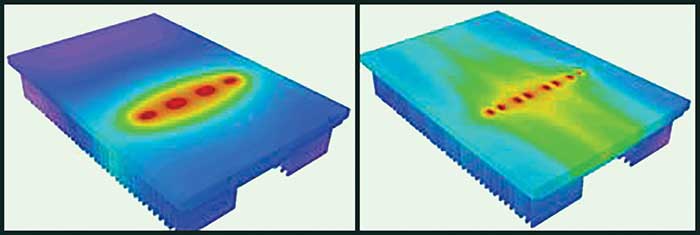 Thermal profiles show the superior conductivity of heat pipe heat sink (right) over an aluminum extrusion heat sink (left).