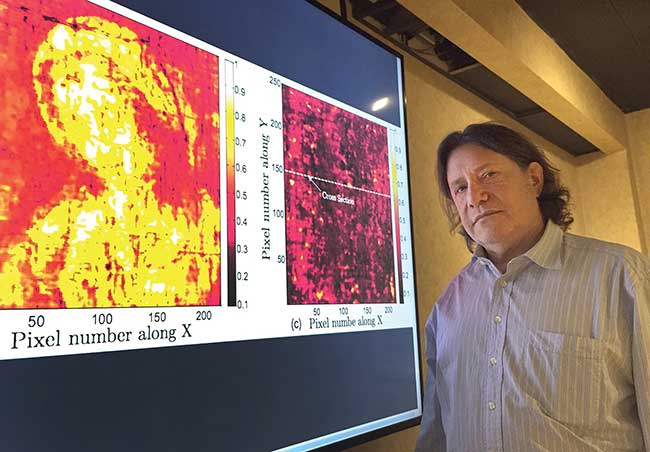 Georgia Tech-Lorraine professor David Citrin is shown with images produced by a terahertz imaging technique.