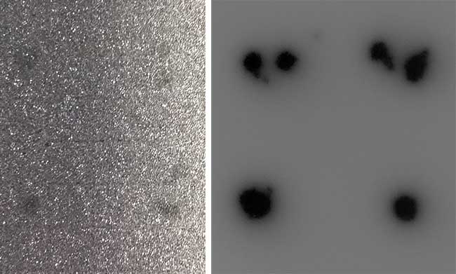 Visible (left) and LWIR (right) images of glue drops on a piece of foam.