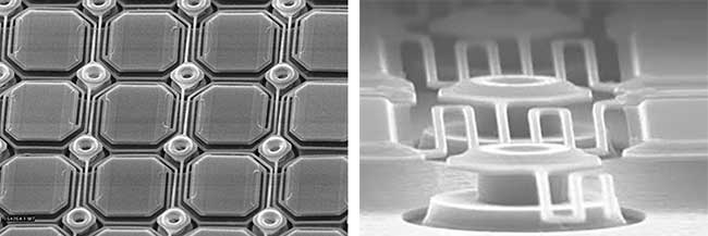 Long, thin legs (right) suspend IR-sensitive elements above the sensor substrate (left) in a bolometer.