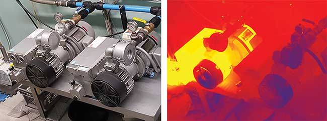 Visible (left) and LWIR (right) images of two water pumps.