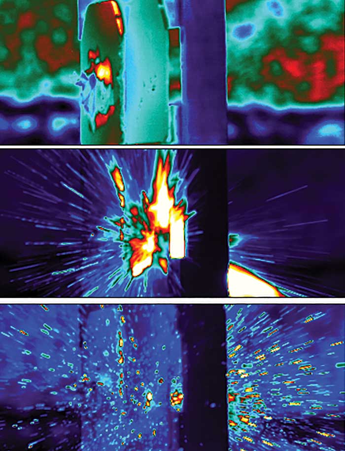 One of the advantages of thermal over high-speed visible imaging is that shrapnel is much easier to see due to the high thermal contrast against the background. 