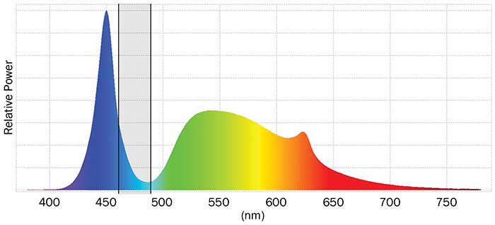 White LED Spectrum 2: A CCT of 6500 K that has relatively little energy between 460 and 490 nm
