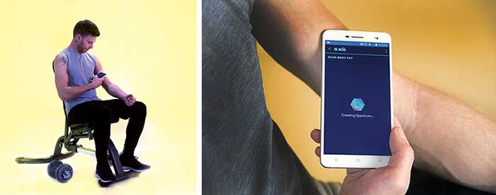 The beta app of the SCiO miniaturized NIR spectrometer can measure body fat percentage with a simple scan (left). The resulting spectrum is compared to a user-generated cloud-based database for identification (right).