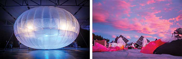 An optical communication system housed on a stratospheric balloon (left), part of Project Loon, was demonstrated in New Zealand in 2013 by X, an innovation lab of Alphabet. Project Loon prepares to launch in New Zealand, 2013 (right). 