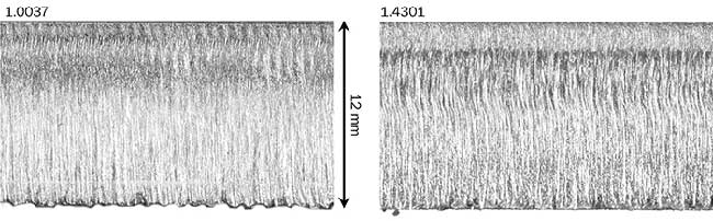 Cut edges created by DBS at 3-kW laser power of the two main materials in metal processing