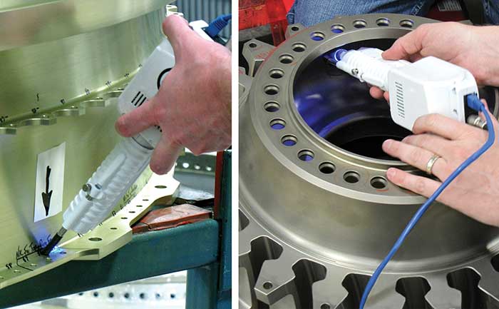 Handheld devices assess damage on an aircraft engine fan disk