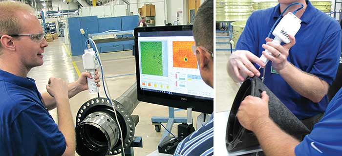 A polarized structured light (PSL)-based gage measures scratches and nicks on a large shaft and voids on the edge of a composite nose cone.