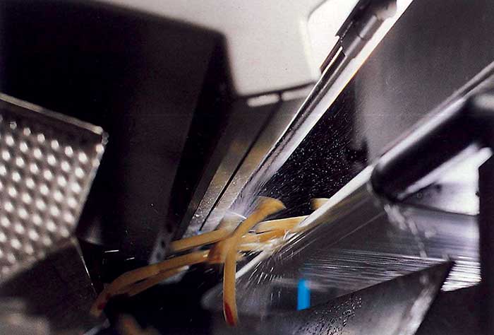 French fries being sorted and scanned with lasers.