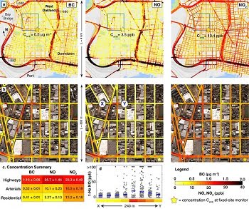 This figure shows high-resolution mapping of pollution after repeated driving in west Oakland and downtown Oakland.