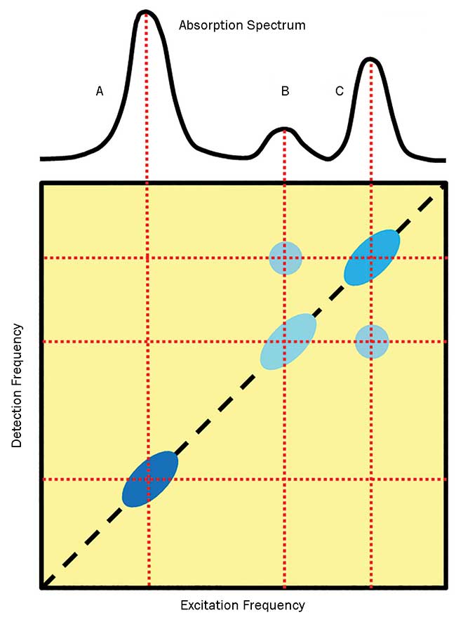 A two-dimensional spectroscopy data plot of a mixture of two compounds.