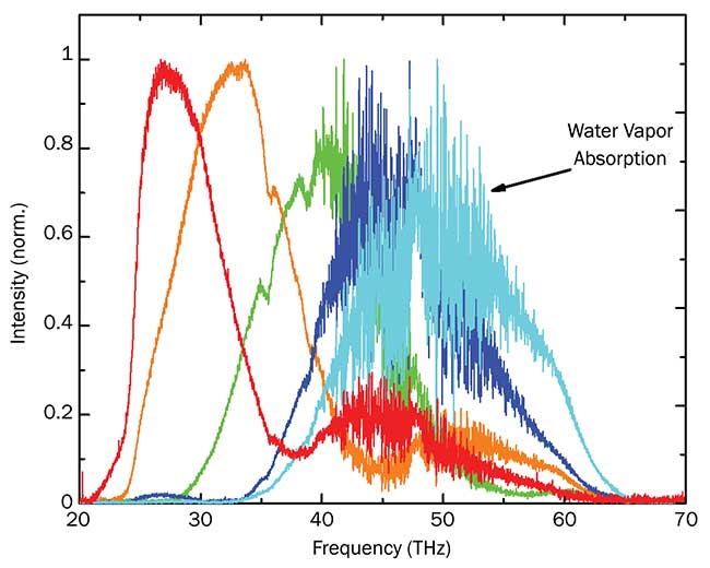 FTIR spectrometer measurements showing exemplary output spectra of the FemtoFiber dichro midIR fiber laser and the water vapor absorption lines around 50 THz. 