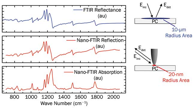 Comparison of conventional FTIR reflection spectrum (blue spectrum) with nano-FTIR absorption and reflection spectra (red) measured on a bulk (5 × 5 × 5 mm) polycarbonate (PC) sample. 