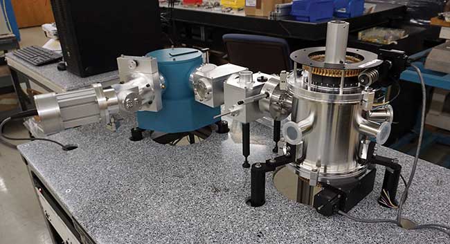 A vacuum- and purge-capable spectrophotometer configured as a spectral test station for measurement of plane diffraction grating efficiency and polarized response. 
