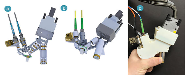 Figure 2. Renderings of the hand-held probe’s optomechanical design; dimensions: 10.3 cm × 5.3 cm × 14.4 cm. Left cross section of the probe’s internal skeleton (a). Isometric view of the probe’s internal skeleton (b). The fabricated probe in hand (c). Reprinted with permission from reference 1.