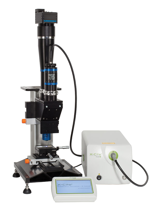The mag.x system 125 from Qioptiq is a highly specialized fusion between inspection optics and a microscope, enabling inspection with submicron resolution across large fields of view. Courtesy of Excelitas Technologies.