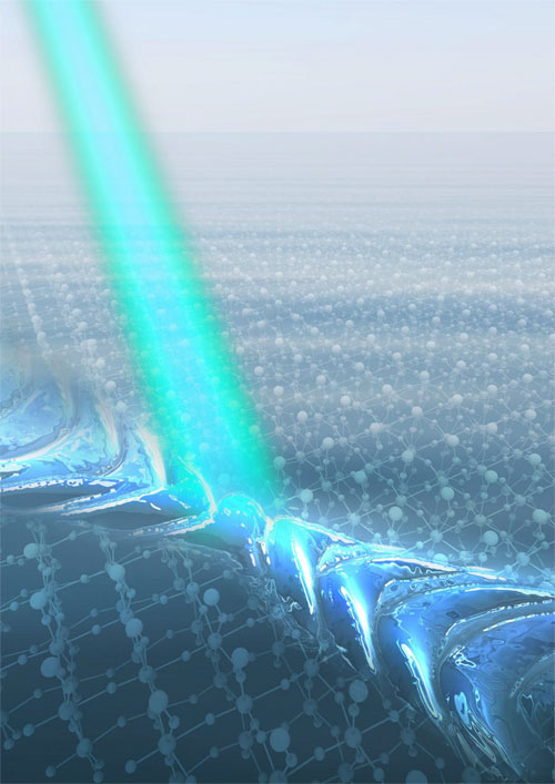 Illustration of directional nanolight propagating along a thin layer of molybdenum trioxide. Courtesy of  Shaojuan Li.