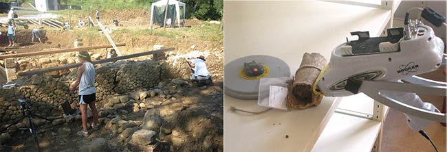 Figure 4. A student collects XRF data on wall mortars at a site in Corigliano, Italy (left); and a hand-held XRF collects data on a section of lead pipe at an excavation lab (right). Courtesy of Mary Kate Donais.