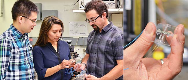  Figure 5. IBM researchers prepare a sensor for testing in the lab (a); this sensor design uses silicon photonics to detect methane with IR light brought in via optical fibers (b). Courtsey of IBM Research