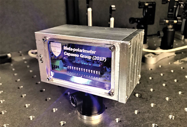 Figure 5. A plug-in prototype laboratory-grade polarimeter can read the polarization state of impinging laser light. Featuring a nanofabricated metasurface mounted in the faceplate on the right, the device has the potential to be manufactured at chip scale. Courtesy of N. Rubin/Harvard SEAS.