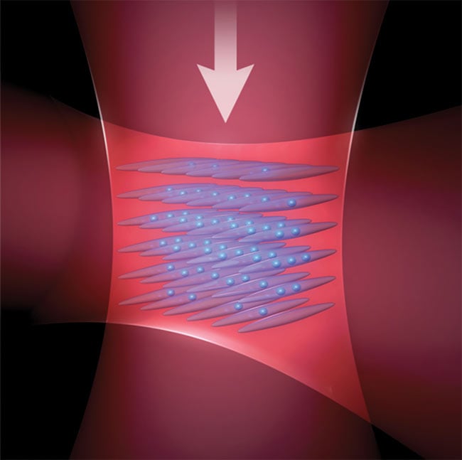 Figure 3. Artist rendering of strontium atoms trapped in standing waves of light. The strontium optical lattice clock is today’s most precise atomic clock, achieved by Jun Ye at the Joint Institute for Laboratory Astrophysics (JILA). Courtesy of Jun Ye, JILA