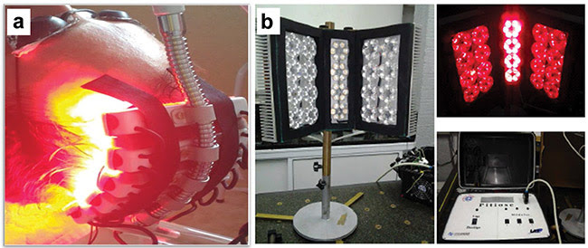 Figure 5. Two examples of LED-based devices: a prototype for actinic keratosis and field cancerization, with application at the head (a), and a prototype for horse pythiosis (b). Courtesy of Cristina Kurachi.