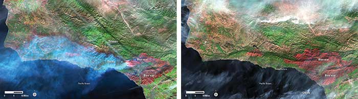 Space-based remote sensing captures images of the effect of the December 2017 wildfires in Southern California, showing the fire in progress on Dec. 9 (left) and how close it came to Santa Barbara (right) in an image captured on Dec. 25, 2017. 